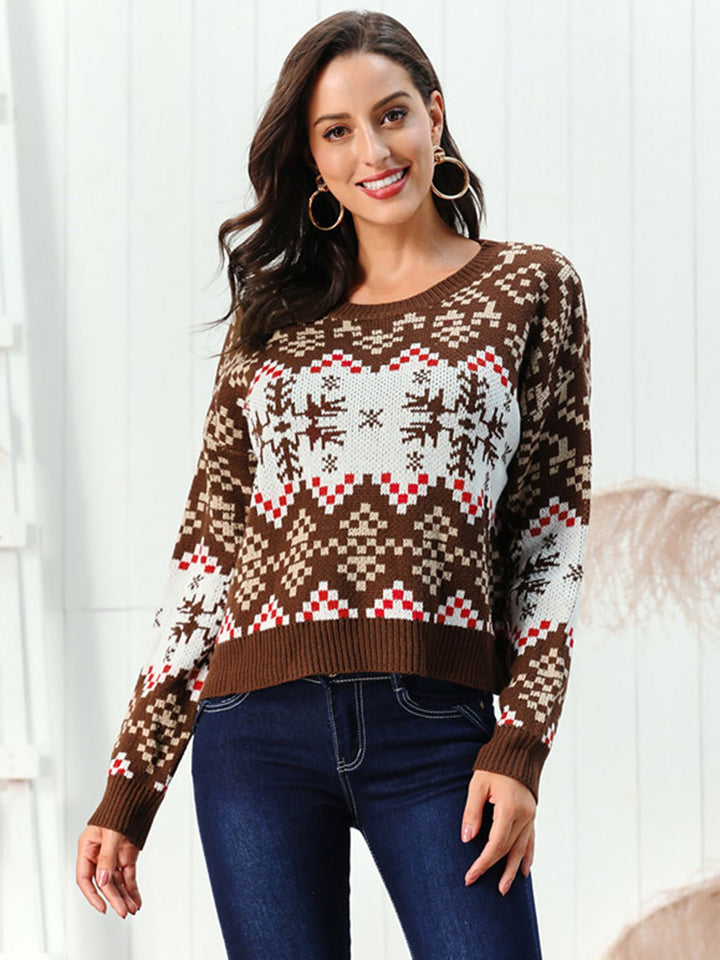 Snowflake Pattern Round Neck Sweater - Trendy Tops/Sweaters in Chestnut for Women | The802Gypsy