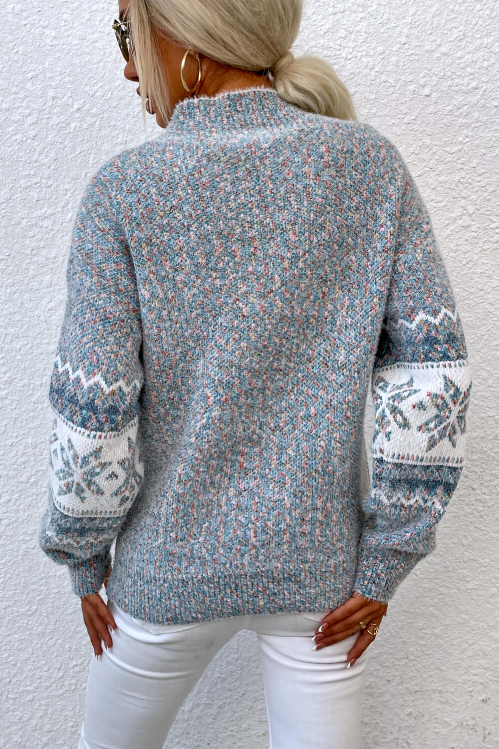 Snowflake Pattern Mock Neck Sweater - Trendy Tops/Sweaters in Cloudy Blue for Women | The802Gypsy