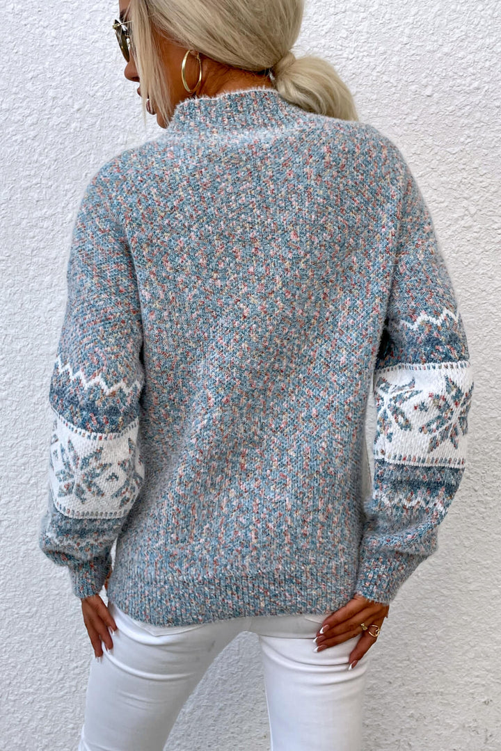 Snowflake Pattern Mock Neck Sweater - Trendy Tops/Sweaters in Cloudy Blue for Women | The802Gypsy