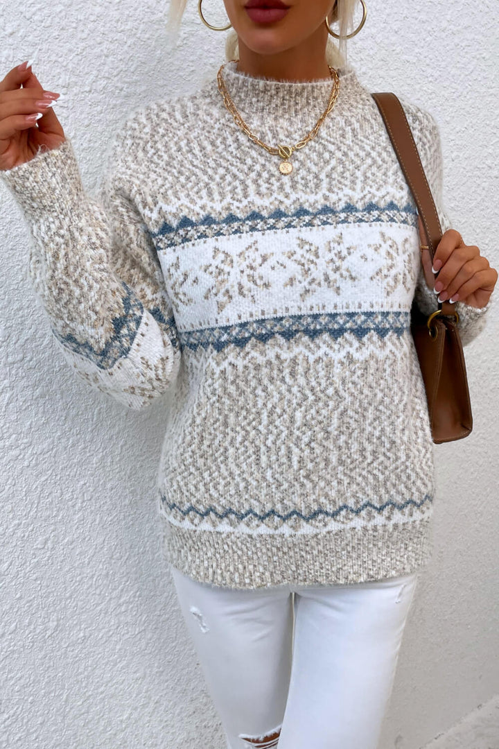 Snowflake Pattern Mock Neck Sweater - Trendy Tops/Sweaters in Cloudy Blue for Women | The802Gypsy