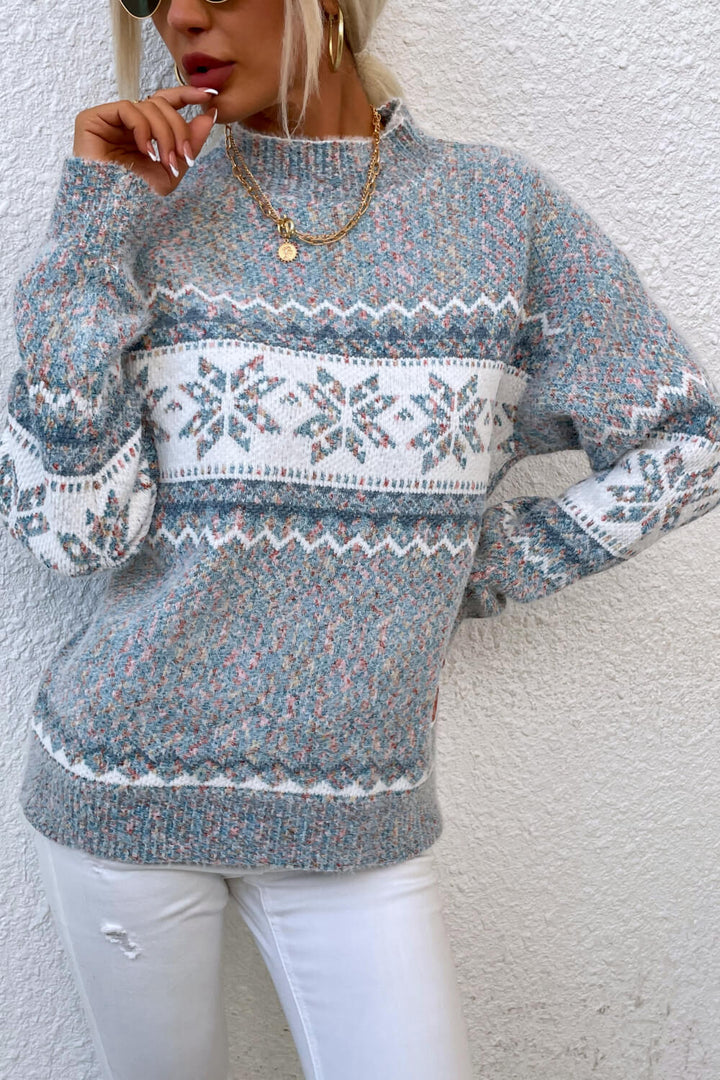Snowflake Pattern Mock Neck Sweater - Trendy Tops/Sweaters in Cloudy Blue for Women | The802Gypsy