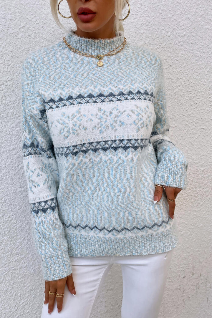Snowflake Pattern Mock Neck Sweater - Trendy Tops/Sweaters in Cloudy Blue for Women | The802Gypsy