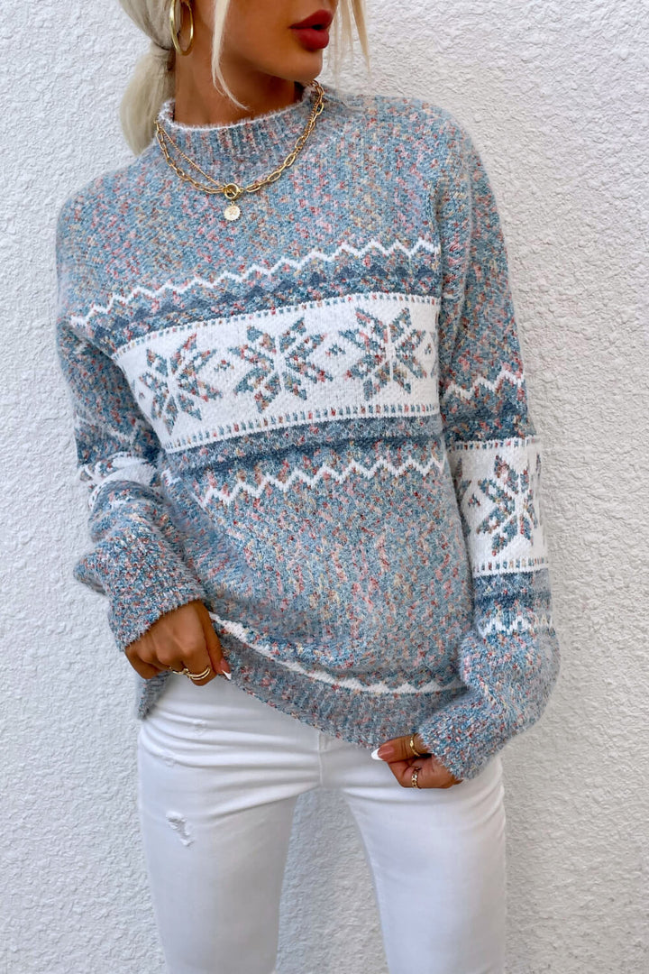 Snowflake Pattern Mock Neck Sweater - Trendy Tops/Sweaters in Cloudy Blue for Women | The802Gypsy
