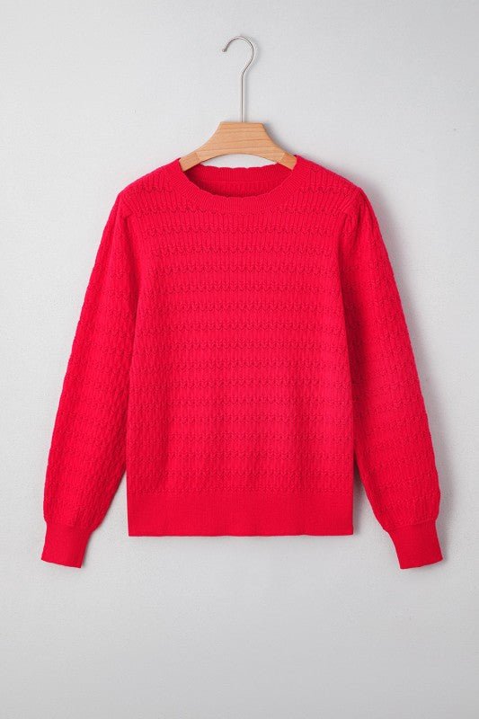 JUNIPER BLVD Solid Knit Ribbed Cuff Crewneck Sweater - Trendy Tops/Sweaters in Fiery Red for Women | The802Gypsy