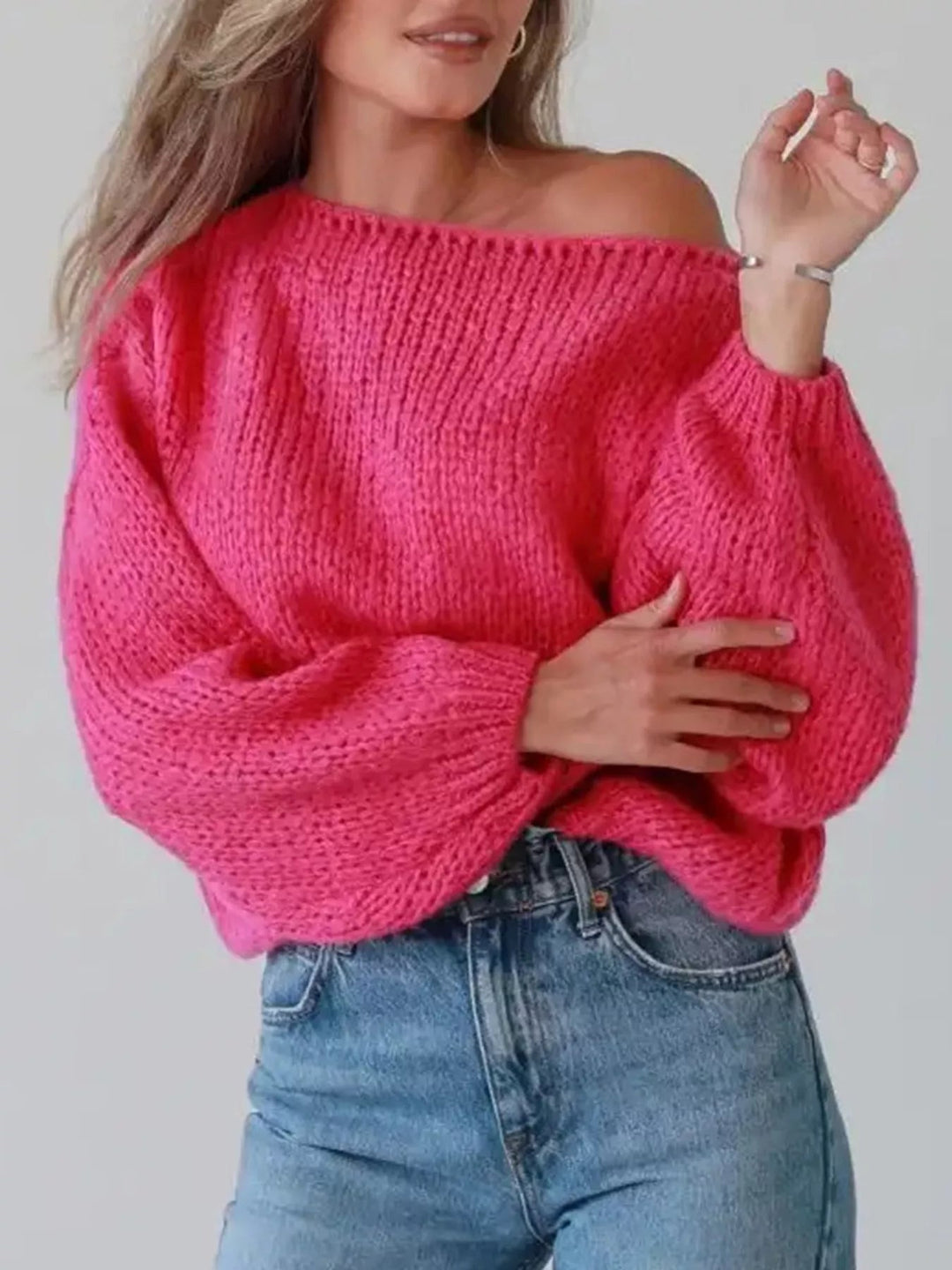 Chunky Knit Boat Neck Sweater - Trendy Tops/Sweaters in Hot Pink for Women | The802Gypsy