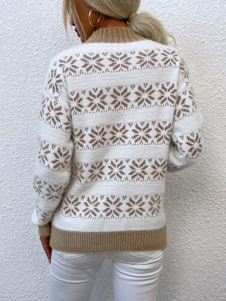 Snowflake Pattern Mock Neck Sweater - Trendy Tops/Sweaters in Khaki for Women | The802Gypsy