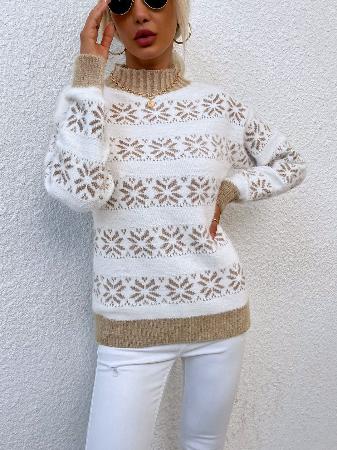 Snowflake Pattern Mock Neck Sweater - Trendy Tops/Sweaters in Khaki for Women | The802Gypsy