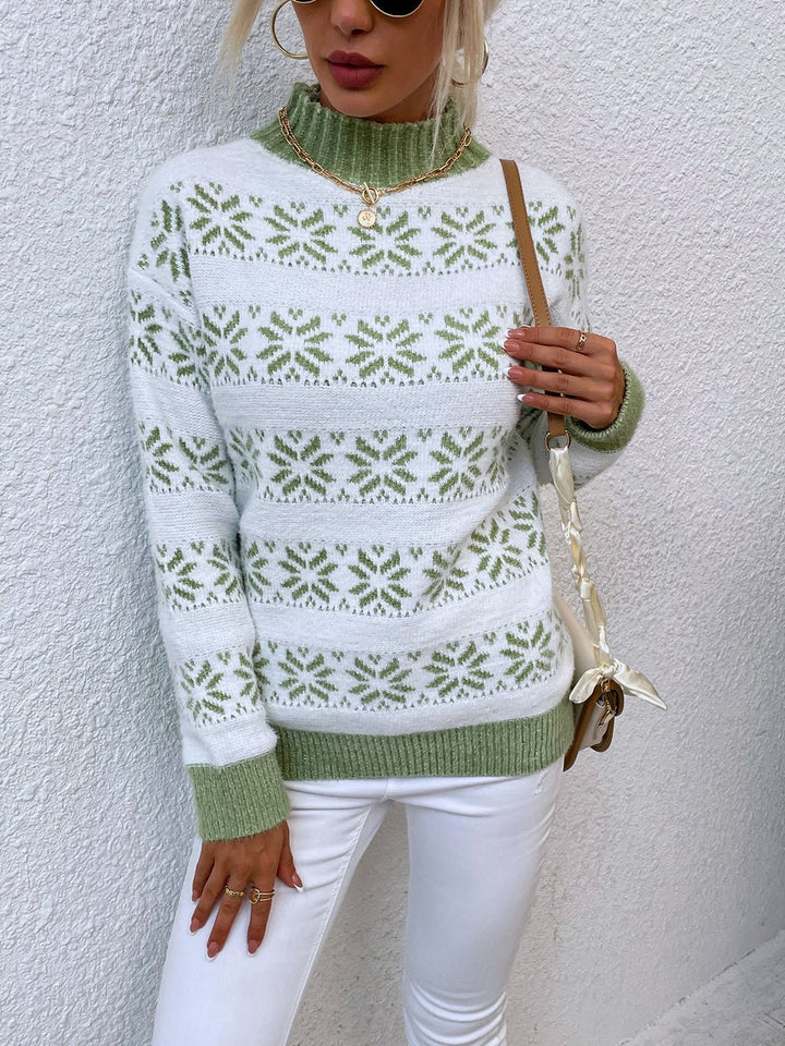 Snowflake Pattern Mock Neck Sweater - Trendy Tops/Sweaters in Matcha Green for Women | The802Gypsy