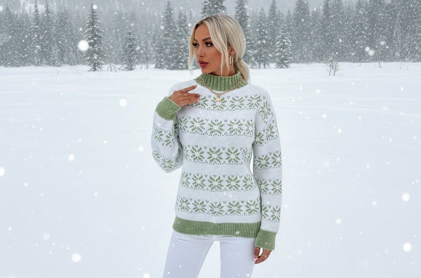 Snowflake Pattern Mock Neck Sweater - Trendy Tops/Sweaters in Matcha Green for Women | The802Gypsy