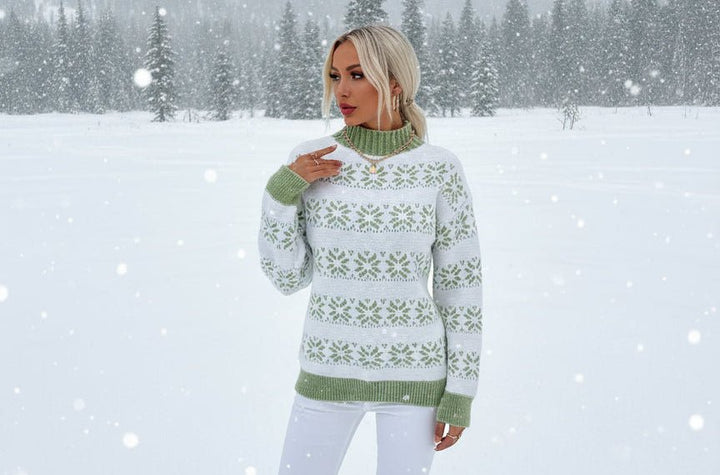 Snowflake Pattern Mock Neck Sweater - Trendy Tops/Sweaters in Matcha Green for Women | The802Gypsy