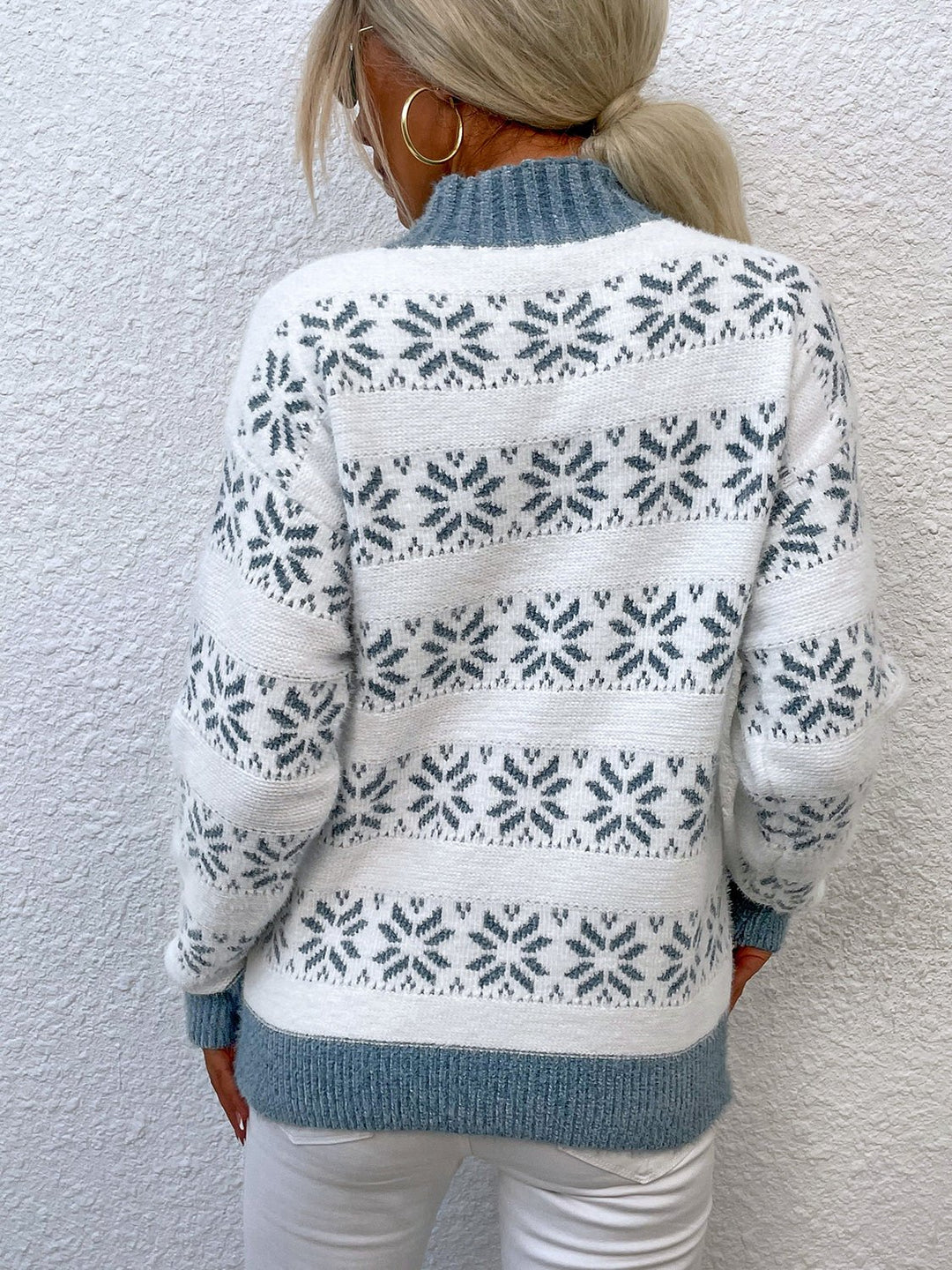 Snowflake Pattern Mock Neck Sweater - Trendy Tops/Sweaters in Misty Blue for Women | The802Gypsy