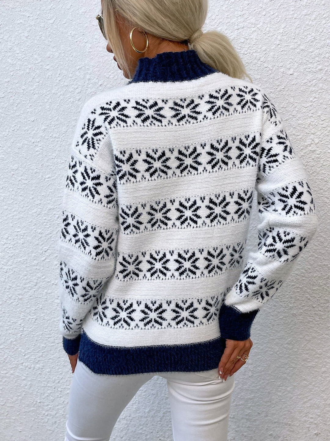 Snowflake Pattern Mock Neck Sweater - Trendy Tops/Sweaters in Navy for Women | The802Gypsy