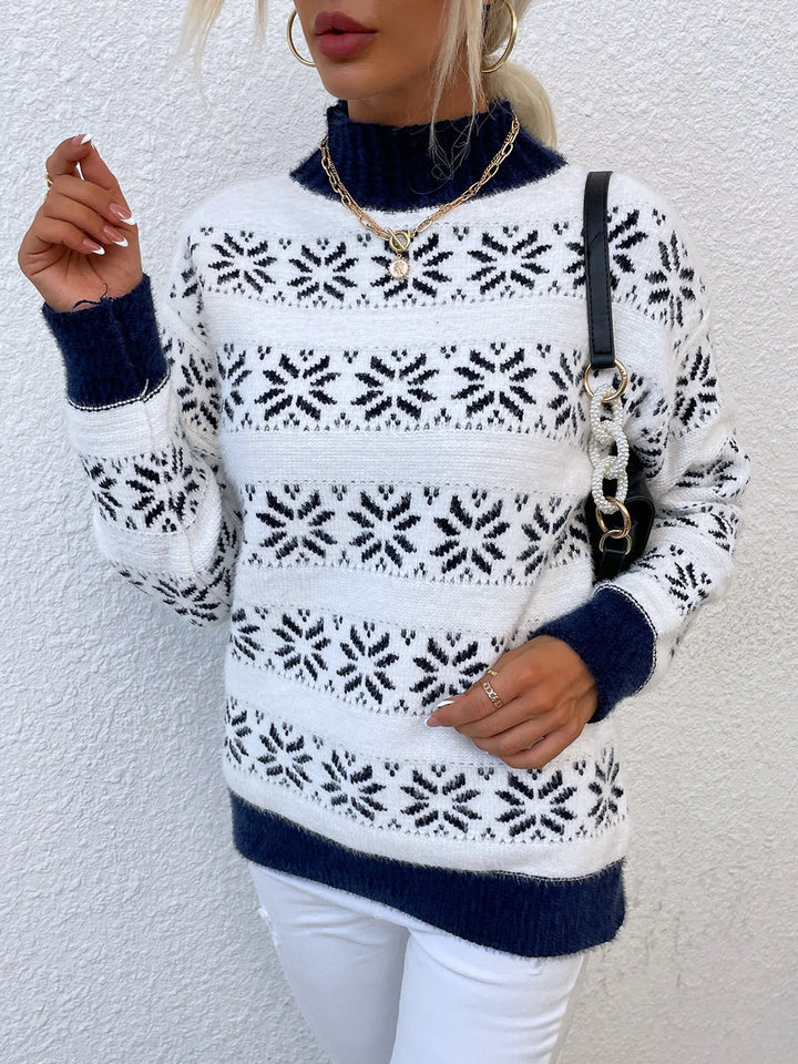 Snowflake Pattern Mock Neck Sweater - Trendy Tops/Sweaters in Navy for Women | The802Gypsy