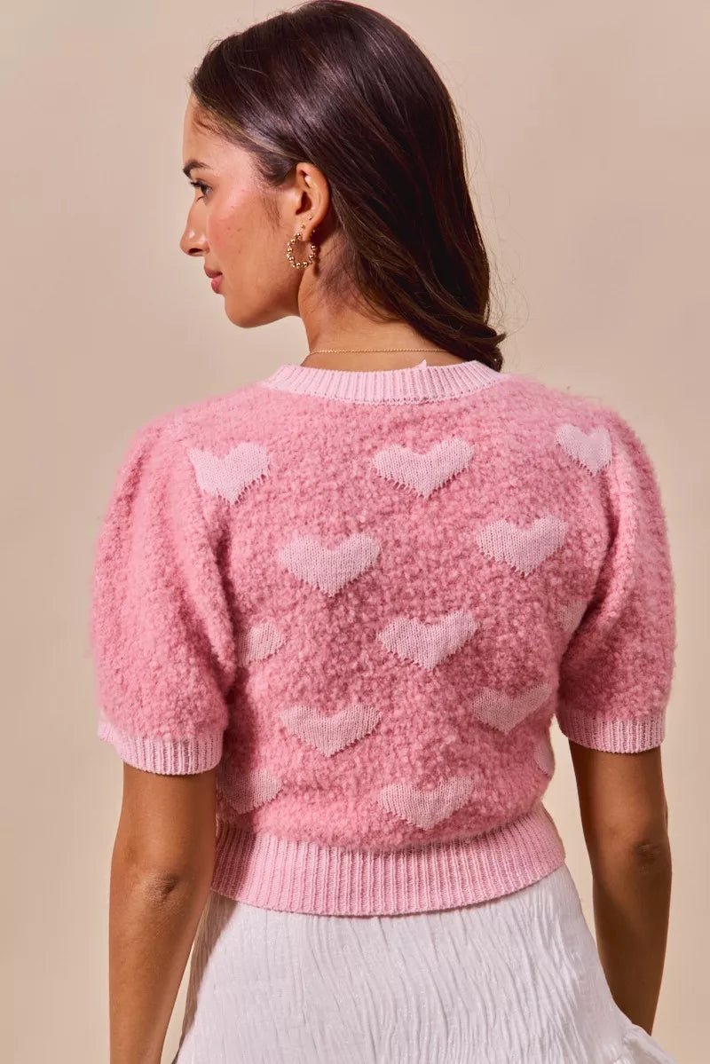 SO ME All Over Heart Valentine Cropped Sweater - Trendy Tops/Sweaters in PINK for Women | The802Gypsy