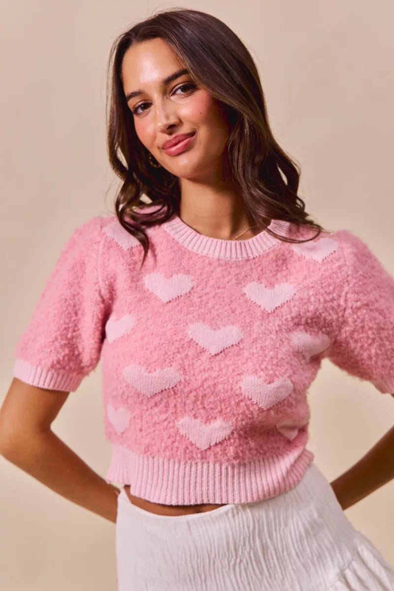 SO ME All Over Heart Valentine Cropped Sweater - Trendy Tops/Sweaters in PINK for Women | The802Gypsy