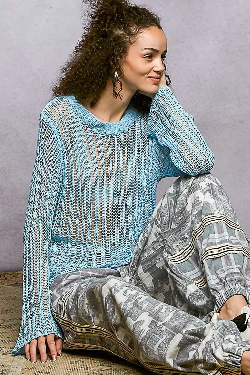 POL Openwork Round Neck Sweater - Trendy Tops/Sweaters in POWDER BLUE for Women | The802Gypsy