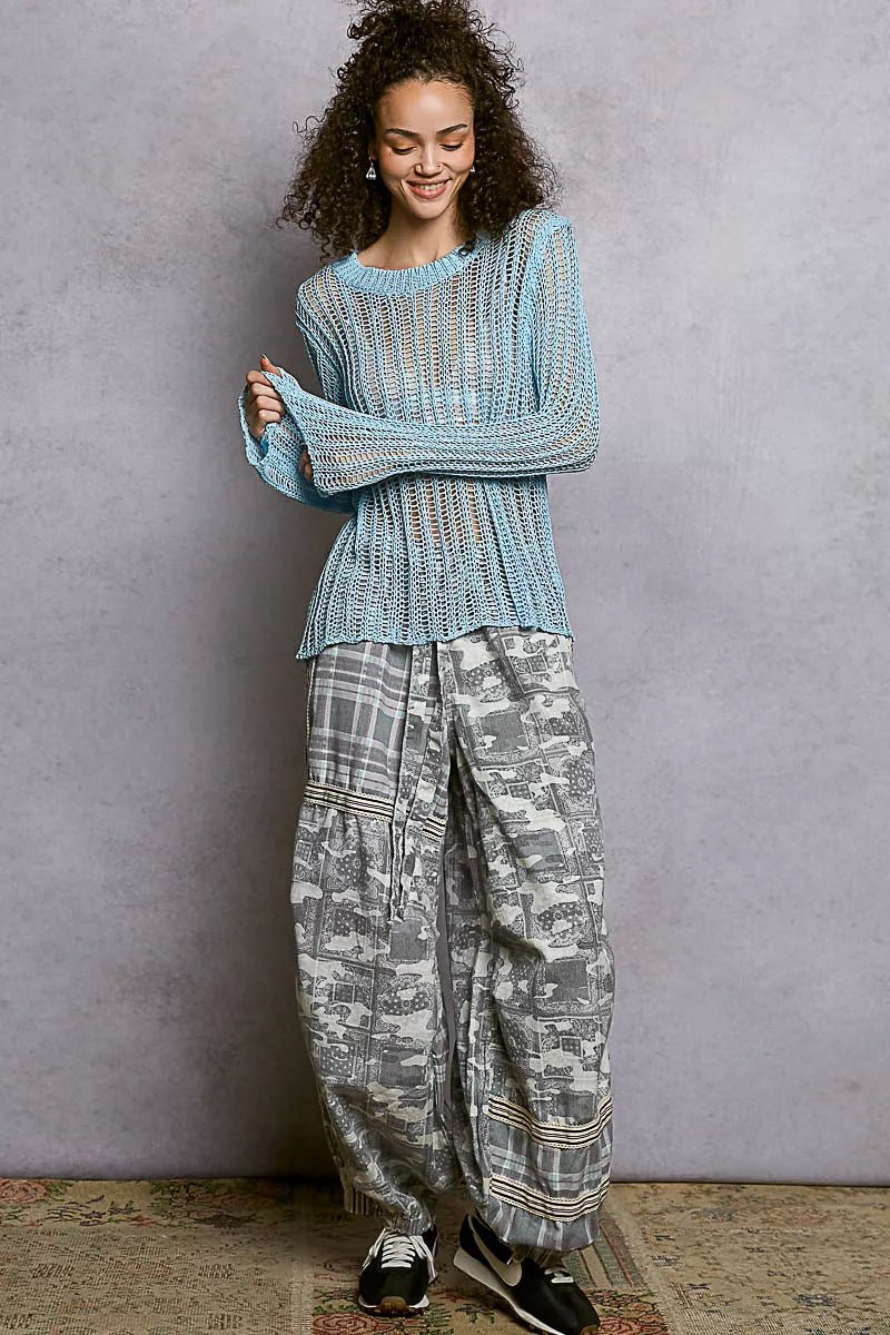 POL Openwork Round Neck Sweater - Trendy Tops/Sweaters in POWDER BLUE for Women | The802Gypsy