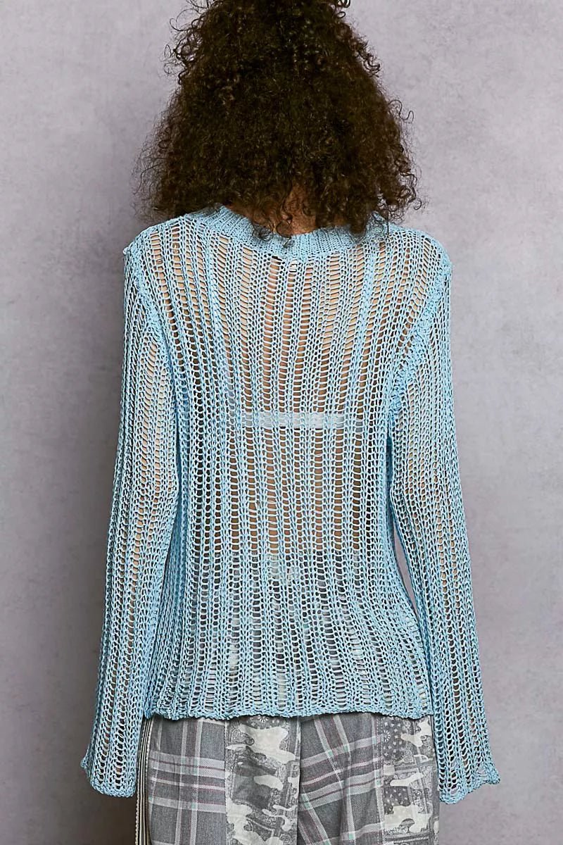 POL Openwork Round Neck Sweater - Trendy Tops/Sweaters in POWDER BLUE for Women | The802Gypsy