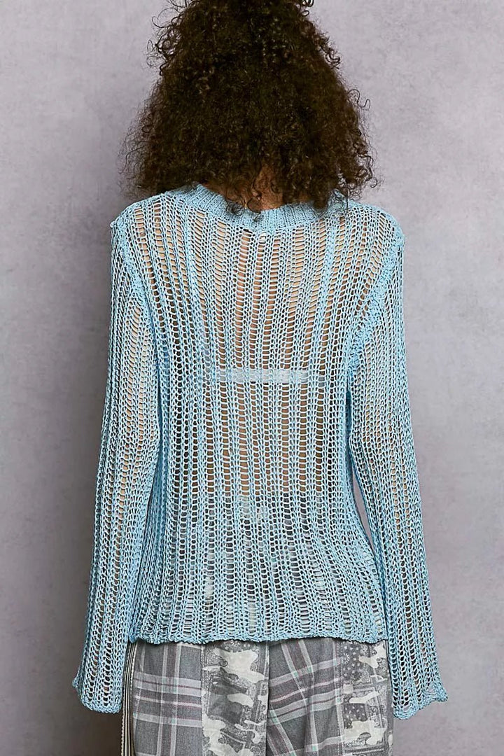 POL Openwork Round Neck Sweater - Trendy Tops/Sweaters in POWDER BLUE for Women | The802Gypsy
