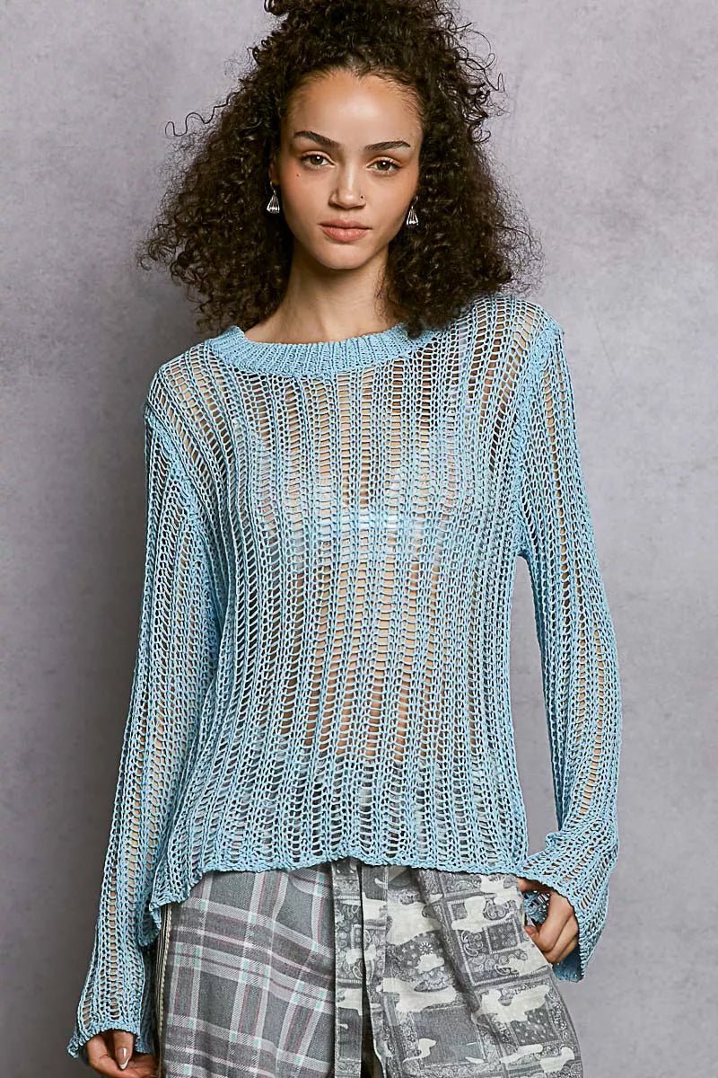 POL Openwork Round Neck Sweater - Trendy Tops/Sweaters in POWDER BLUE for Women | The802Gypsy