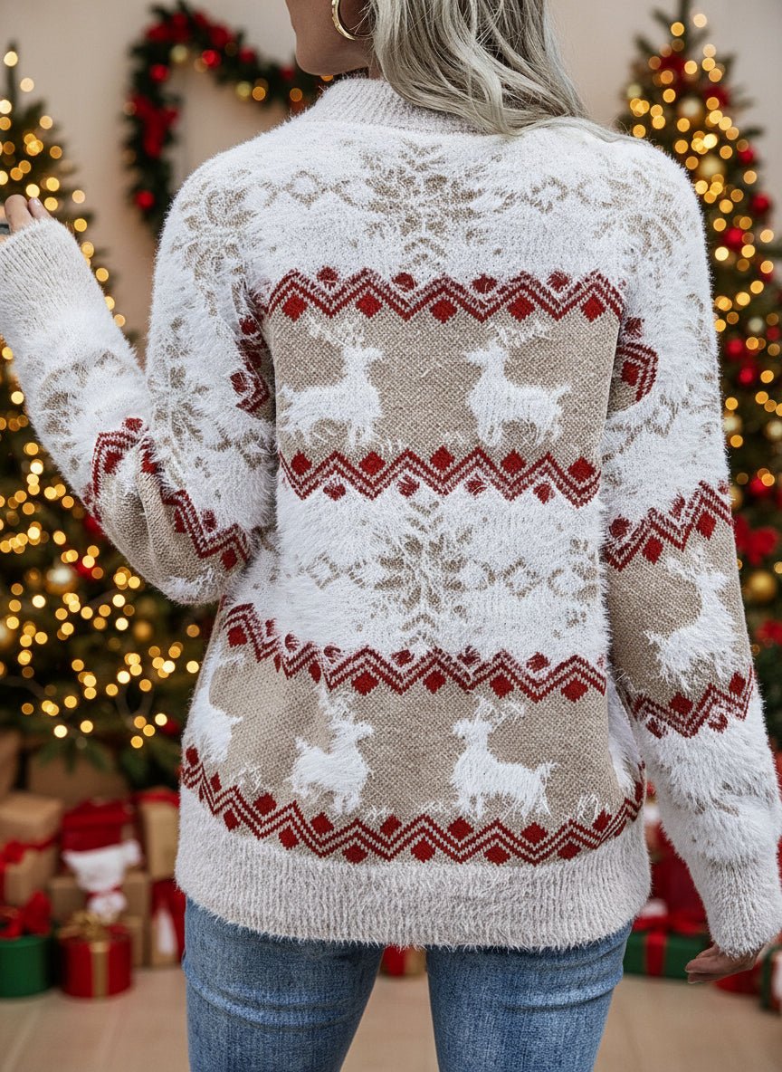 Reindeer Snowflake Round Neck Sweater - Trendy Tops/Sweaters in White for Women | The802Gypsy