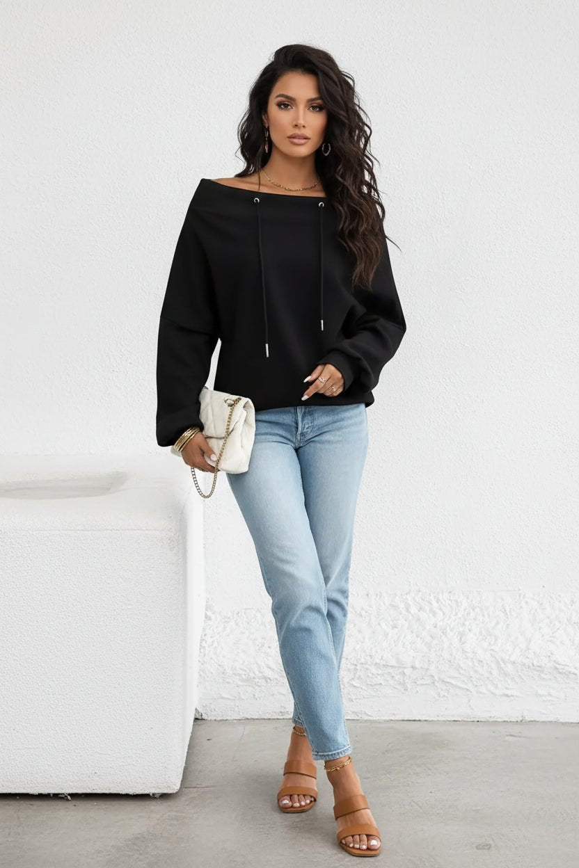 Off - Shoulder Drawstring Sweatshirt - Trendy Tops/Sweatshirts & Hoodies in Black for Women | The802Gypsy