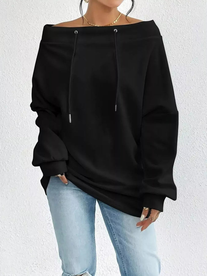 Off - Shoulder Drawstring Sweatshirt - Trendy Tops/Sweatshirts & Hoodies in Black for Women | The802Gypsy
