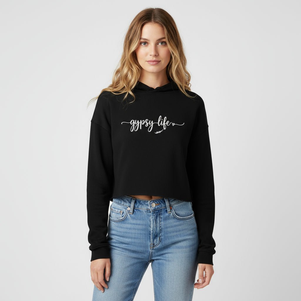 Gypsy Life Cropped Hoodie - Trendy Tops/Sweatshirts & Hoodies in Black for Women | The802Gypsy