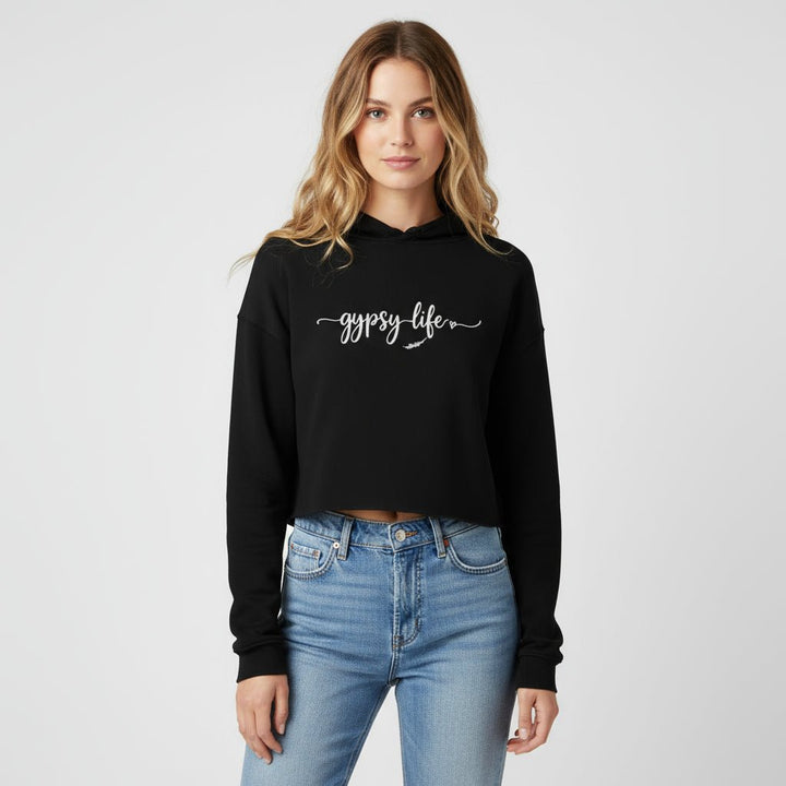 Gypsy Life Cropped Hoodie - Trendy Tops/Sweatshirts & Hoodies in Black for Women | The802Gypsy