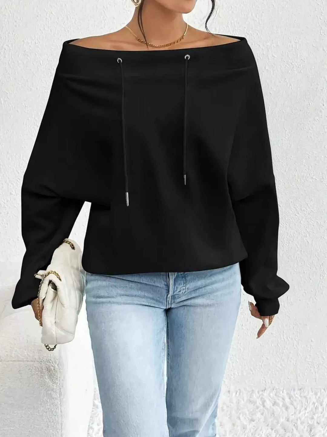Off - Shoulder Drawstring Sweatshirt - Trendy Tops/Sweatshirts & Hoodies in Black for Women | The802Gypsy