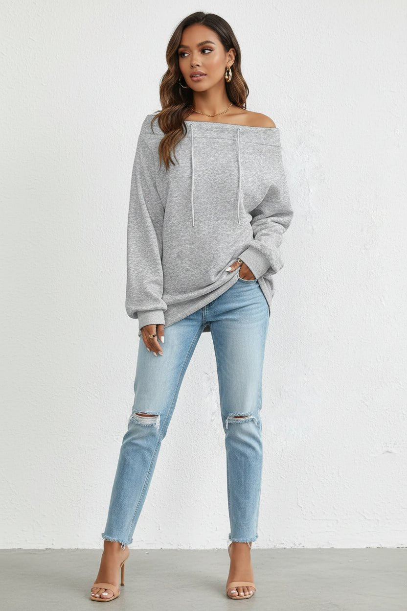 Off - Shoulder Drawstring Sweatshirt - Trendy Tops/Sweatshirts & Hoodies in Gray for Women | The802Gypsy