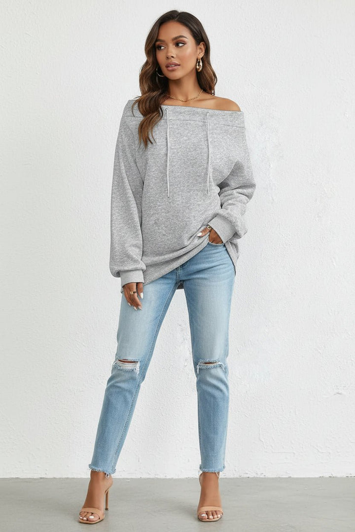 Off - Shoulder Drawstring Sweatshirt - Trendy Tops/Sweatshirts & Hoodies in Gray for Women | The802Gypsy
