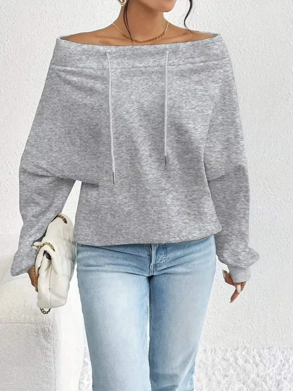 Off - Shoulder Drawstring Sweatshirt - Trendy Tops/Sweatshirts & Hoodies in Gray for Women | The802Gypsy