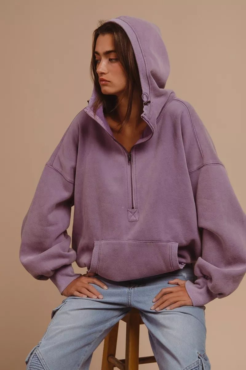 BiBi Stitch Detail Half Zip Hoodie - Trendy Tops/Sweatshirts & Hoodies in PERIWINKLE for Women | The802Gypsy