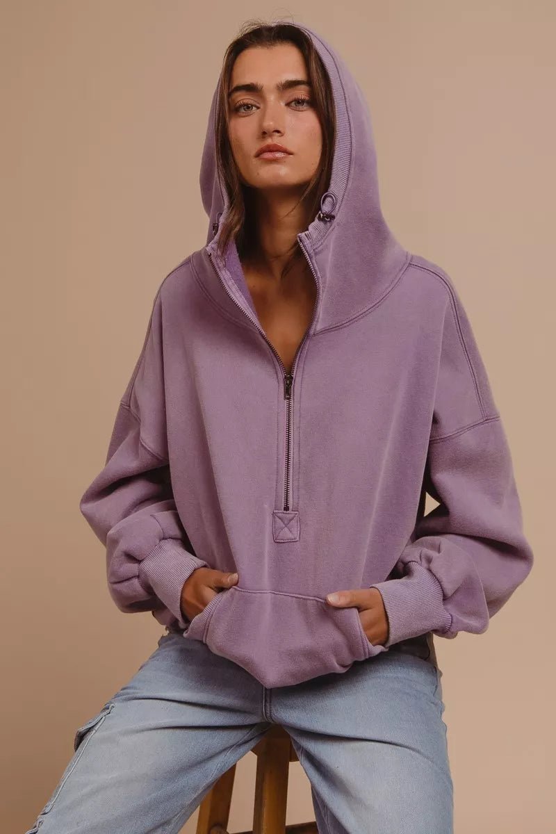 BiBi Stitch Detail Half Zip Hoodie - Trendy Tops/Sweatshirts & Hoodies in PERIWINKLE for Women | The802Gypsy