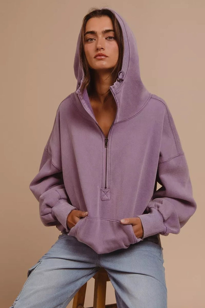 BiBi Stitch Detail Half Zip Hoodie - Trendy Tops/Sweatshirts & Hoodies in PERIWINKLE for Women | The802Gypsy