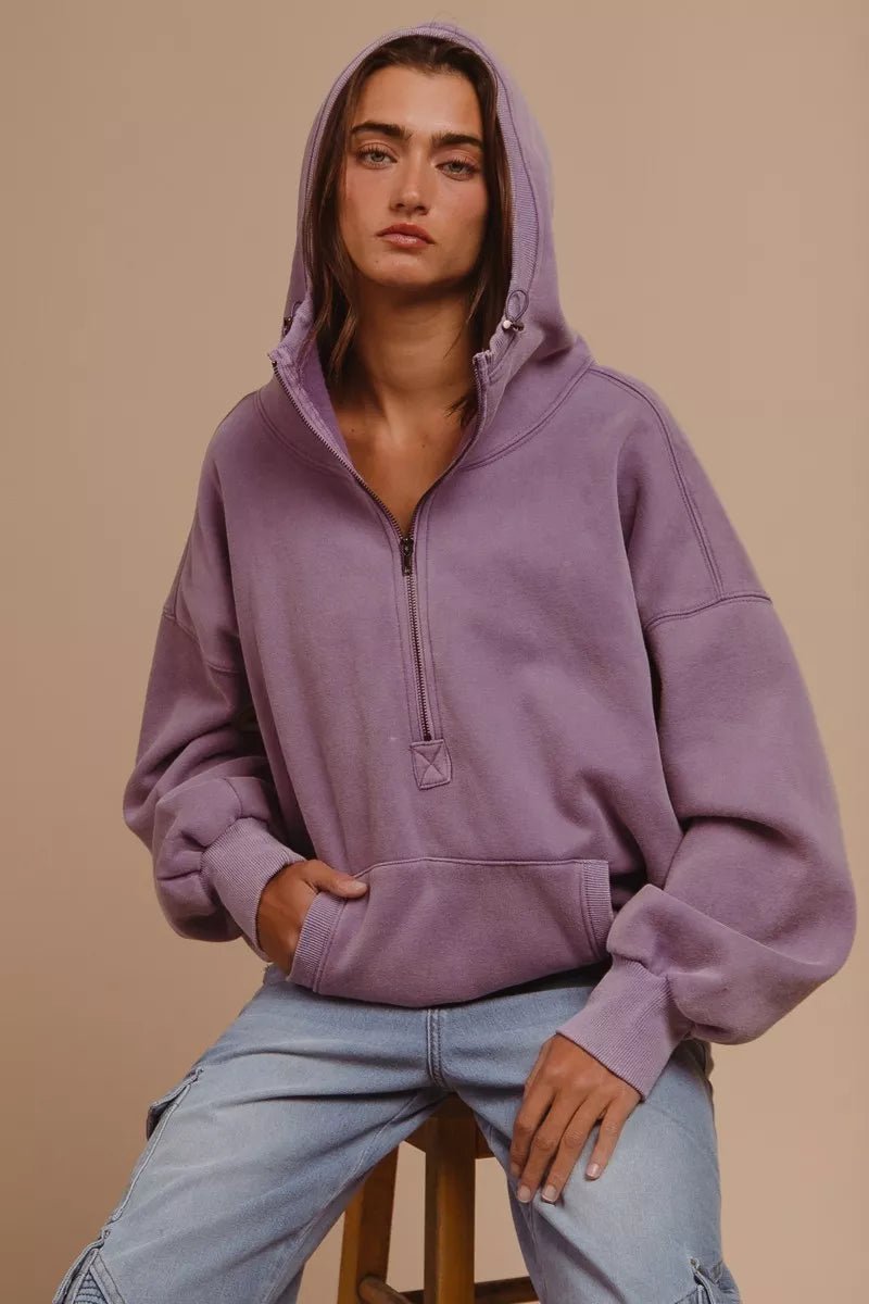 BiBi Stitch Detail Half Zip Hoodie - Trendy Tops/Sweatshirts & Hoodies in PERIWINKLE for Women | The802Gypsy