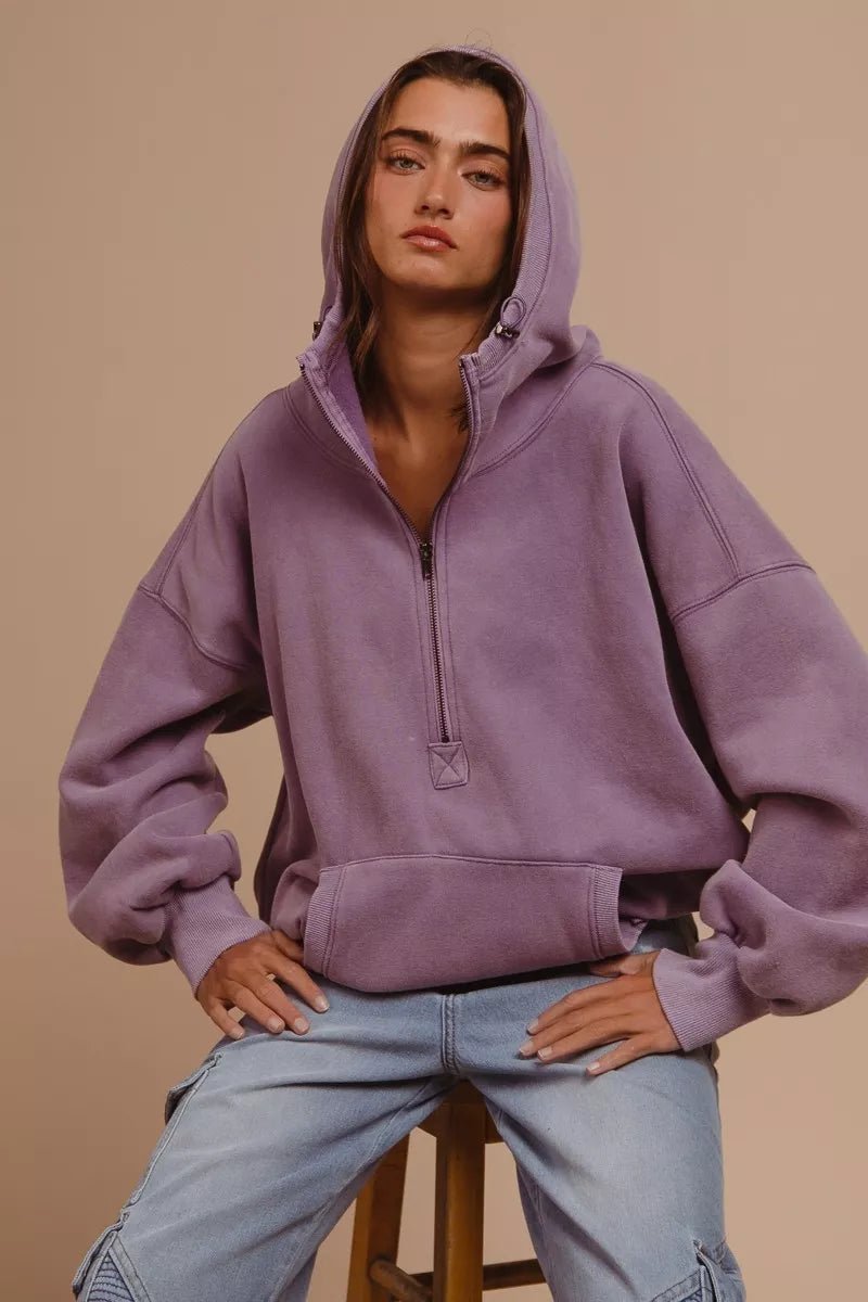BiBi Stitch Detail Half Zip Hoodie - Trendy Tops/Sweatshirts & Hoodies in PERIWINKLE for Women | The802Gypsy