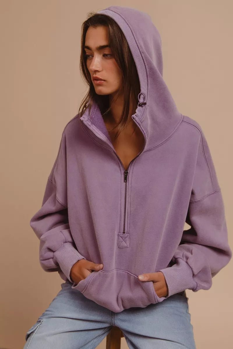BiBi Stitch Detail Half Zip Hoodie - Trendy Tops/Sweatshirts & Hoodies in PERIWINKLE for Women | The802Gypsy