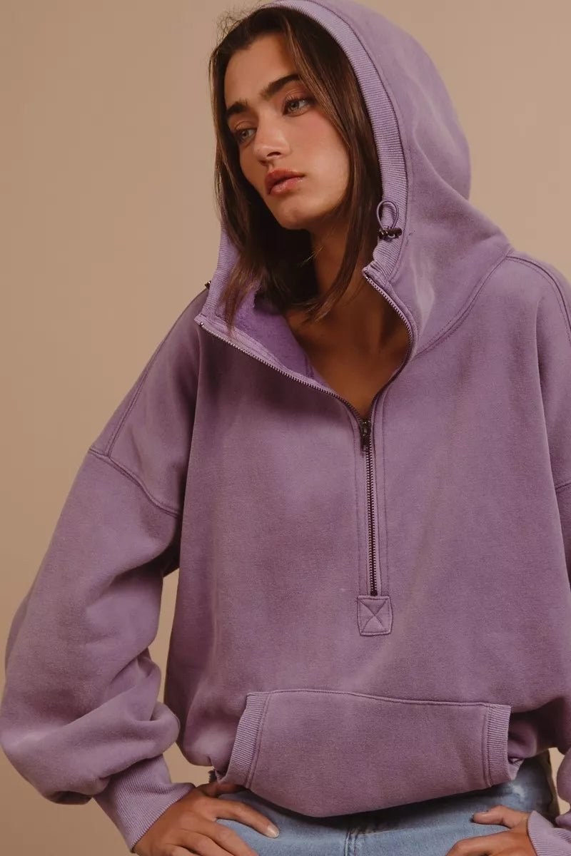 BiBi Stitch Detail Half Zip Hoodie - Trendy Tops/Sweatshirts & Hoodies in PERIWINKLE for Women | The802Gypsy