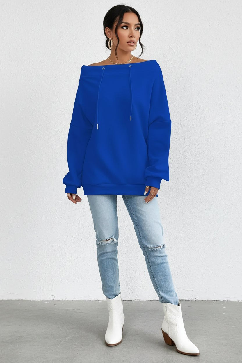 Off - Shoulder Drawstring Sweatshirt - Trendy Tops/Sweatshirts & Hoodies in Royal Blue for Women | The802Gypsy