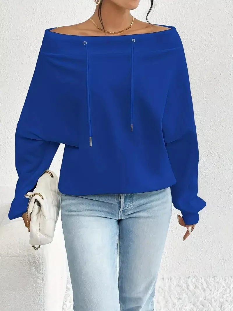 Off - Shoulder Drawstring Sweatshirt - Trendy Tops/Sweatshirts & Hoodies in Royal Blue for Women | The802Gypsy
