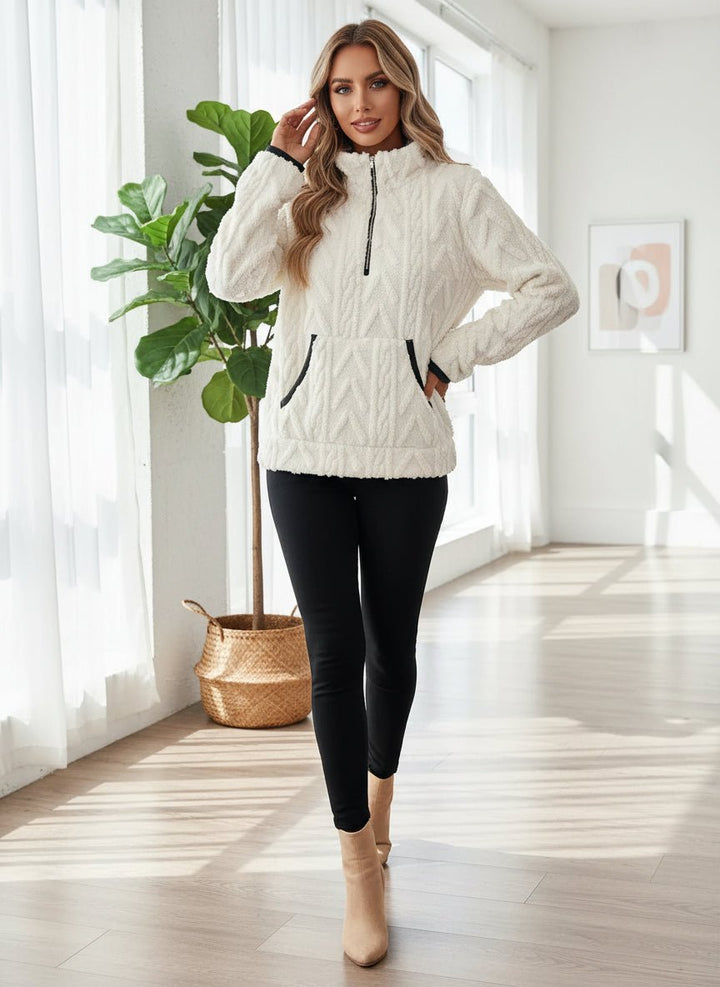 Cozy Fleece Half - Zip Pullover - Trendy Tops/Sweatshirts & Hoodies in White for Women | The802Gypsy