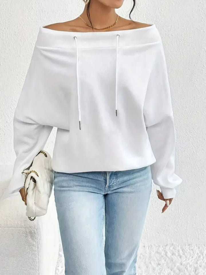 Off - Shoulder Drawstring Sweatshirt - Trendy Tops/Sweatshirts & Hoodies in White for Women | The802Gypsy