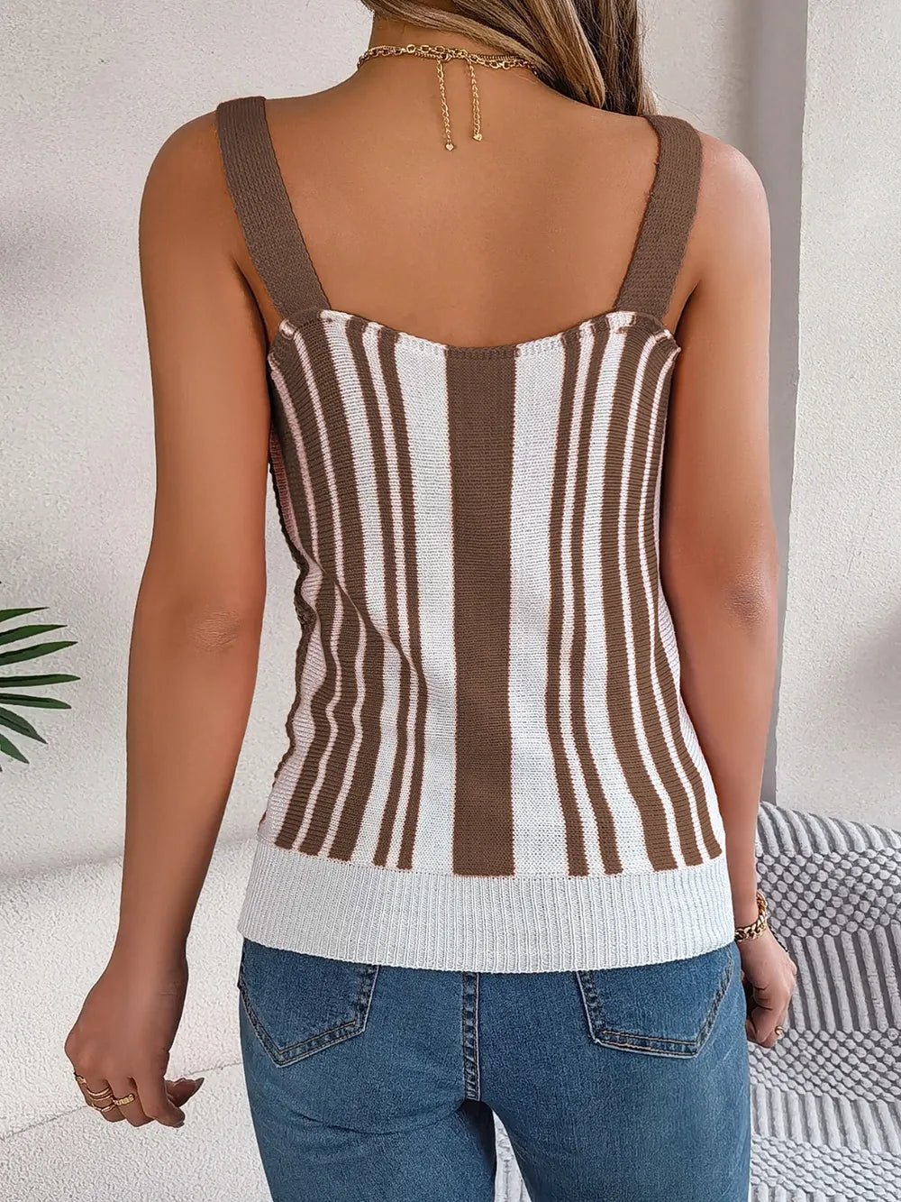Openwork Striped V - Neck Tank - Trendy Tops/Tank Tops in Mocha for Women | The802Gypsy
