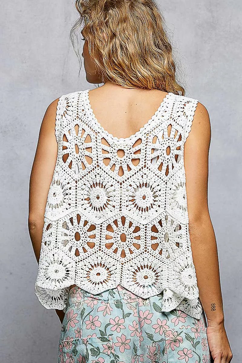 POL Boho Floral Crochet Sweater Vest with Scalloped Edge - Trendy Tops/Tank Tops in OFF WHITE for Women | The802Gypsy