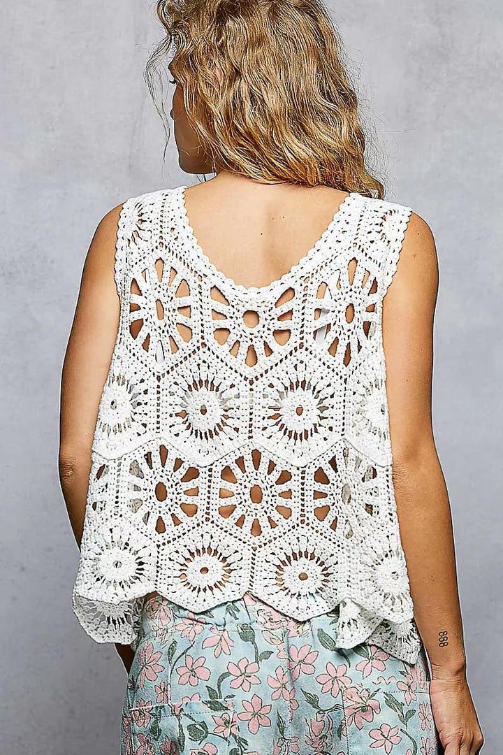 POL Boho Floral Crochet Sweater Vest with Scalloped Edge - Trendy Tops/Tank Tops in OFF WHITE for Women | The802Gypsy