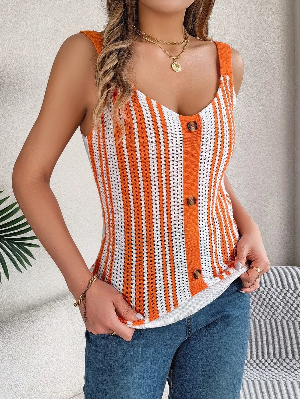 Openwork Striped V - Neck Tank - Trendy Tops/Tank Tops in Orange for Women | The802Gypsy