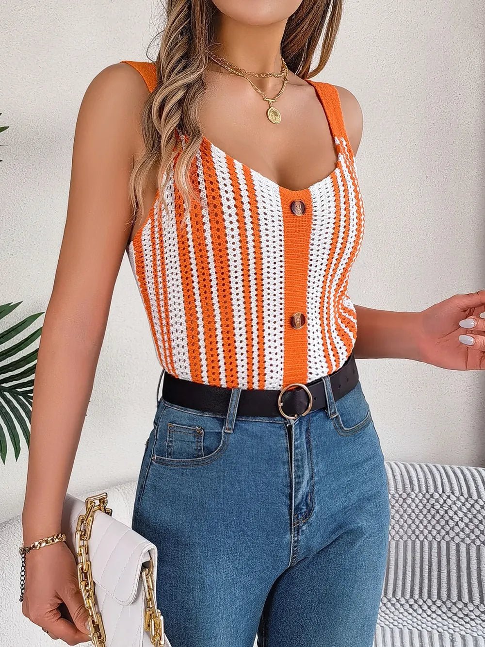 Openwork Striped V - Neck Tank - Trendy Tops/Tank Tops in Orange for Women | The802Gypsy