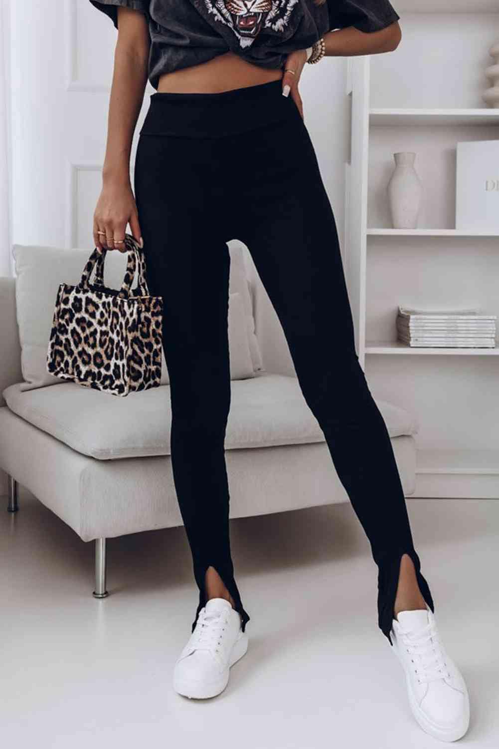 Trendsi Activewear Black / S GYPSY-High Waist Ribbed Slit Leggings